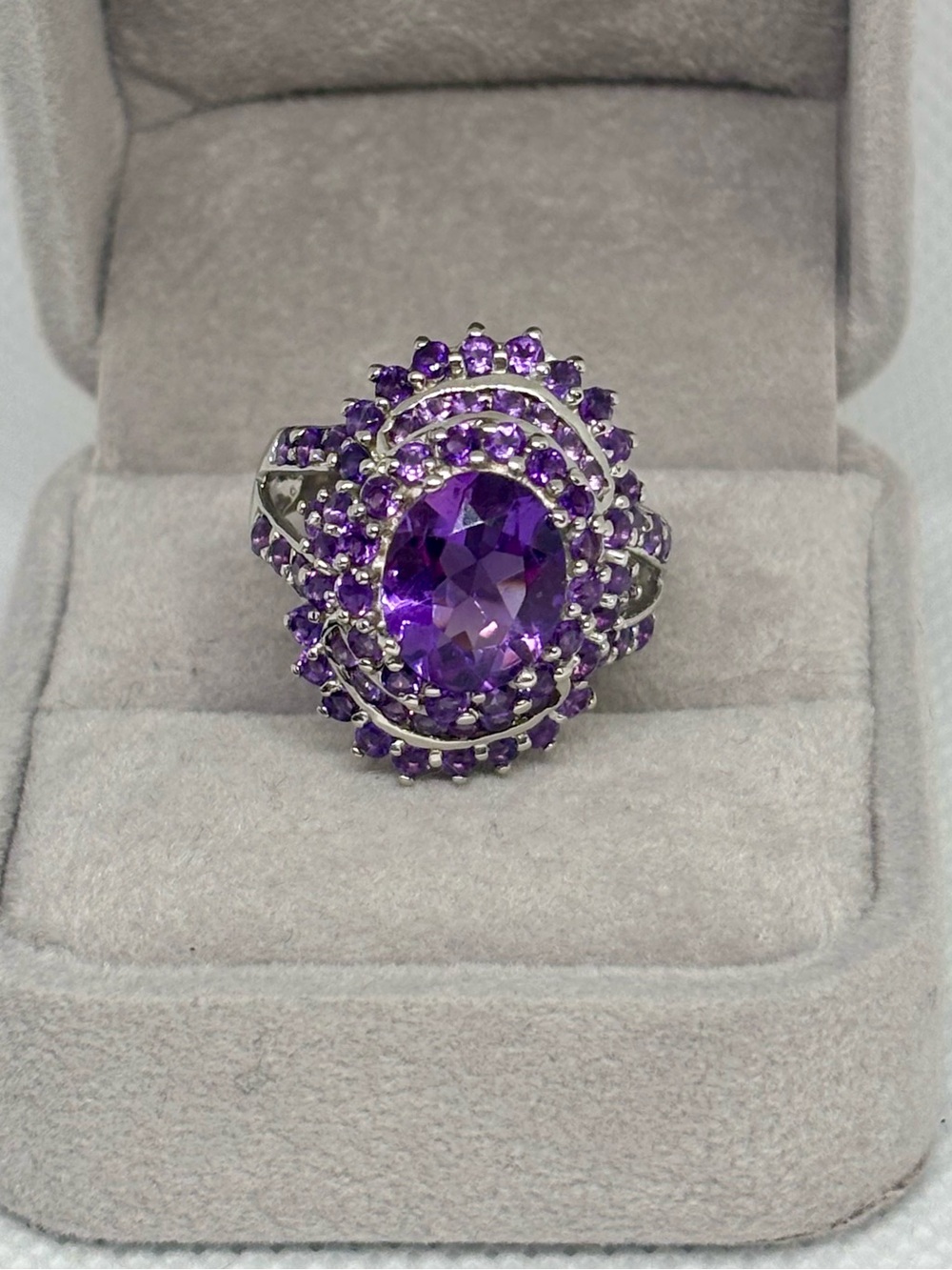 925 Sterling Silver Halo Amethyst Cocktail Ring, size 8